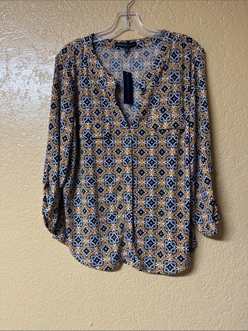 Adrienne Vittadini Geometric Print Blouse in Mustard, Black and White